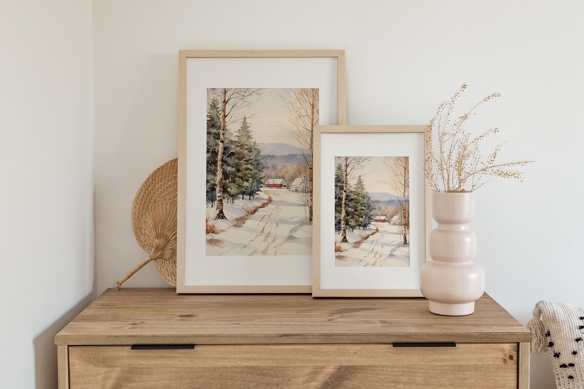 New England Winter Scene Watercolor Farm Landscape - Image 2