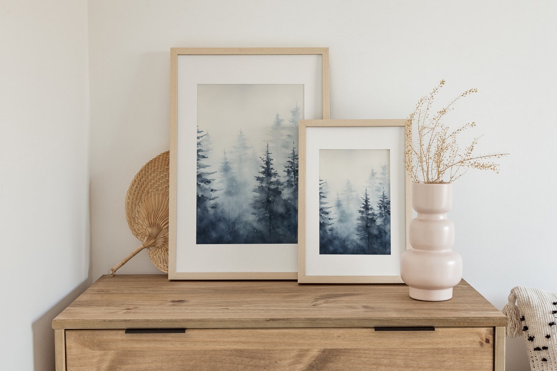 Misty Pine Trees in Blue Fog Tall Evergreens Watercolor Forest Poster - Image 3
