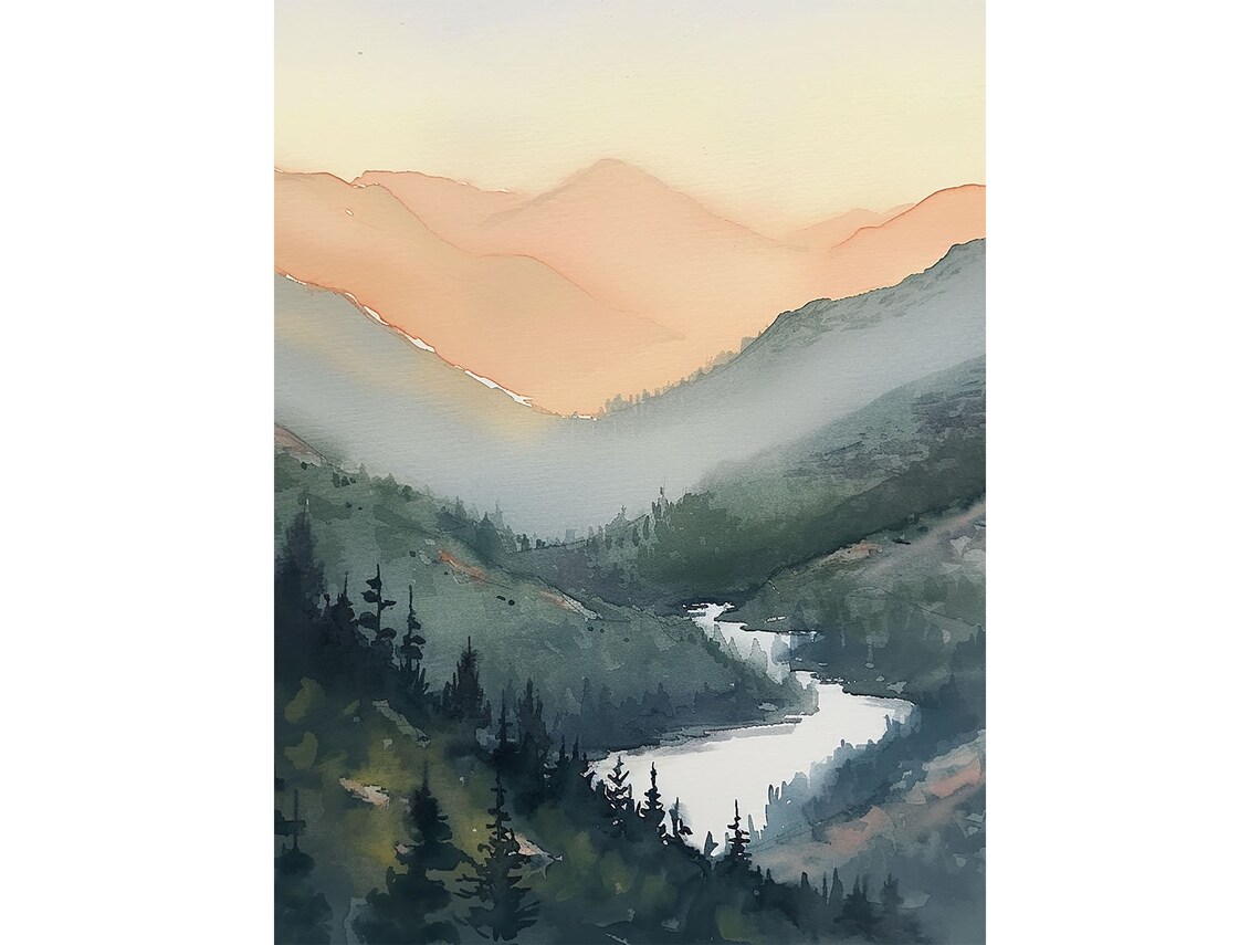 Idaho Salmon River Watercolor Art Print, Mountain Range