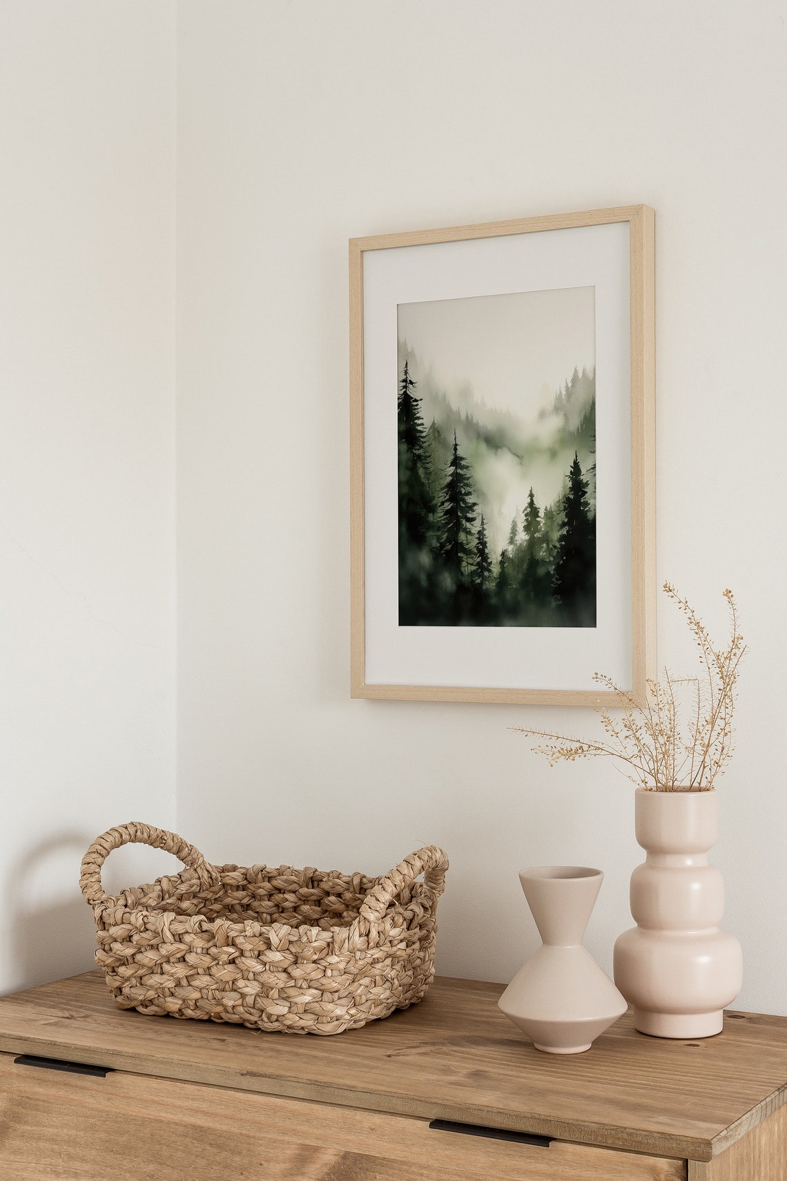 Serene Misty Pine Forest in Fog Moody Green Watercolor Art Poster - Image 4