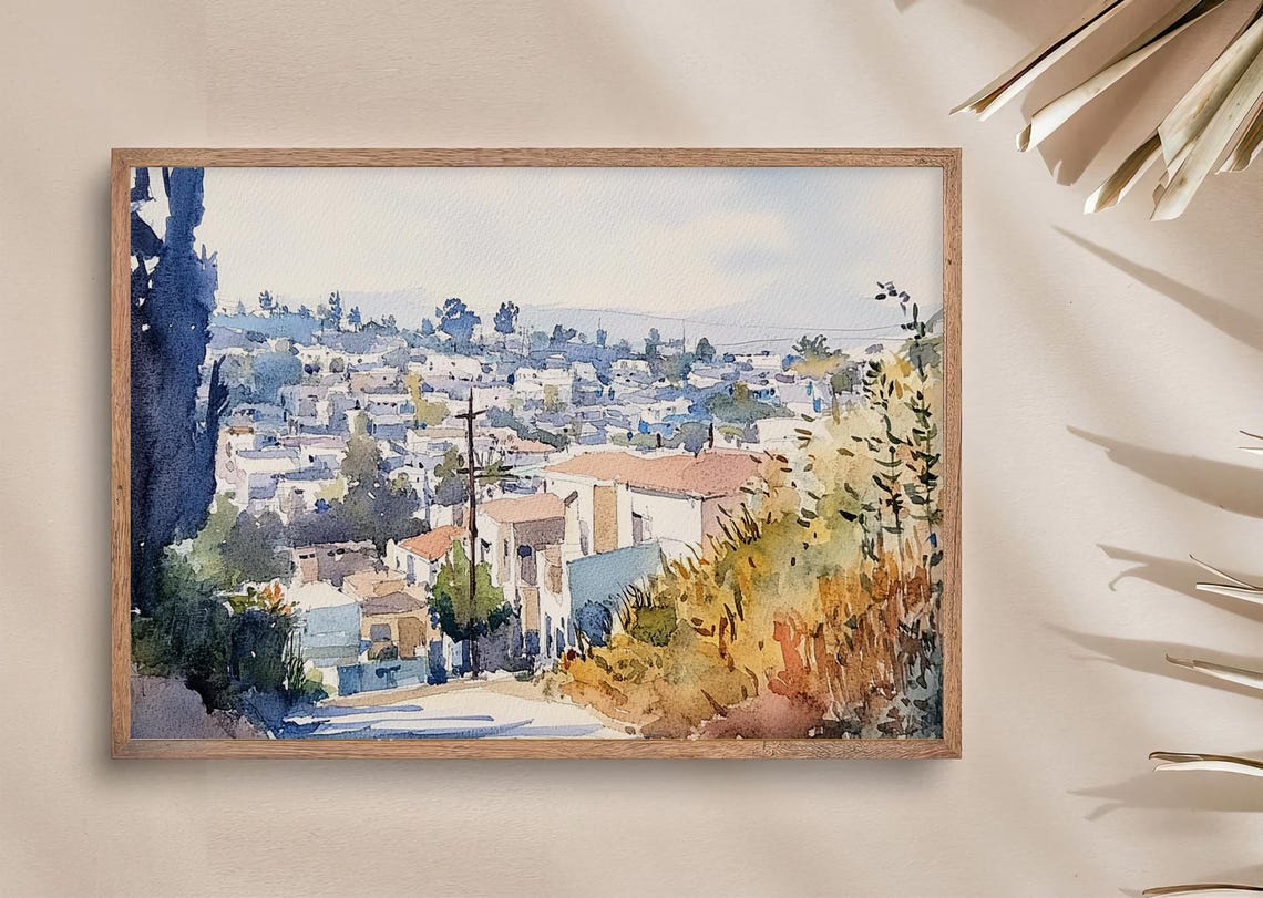 Los Angeles Painting Old Neighborhood Watercolor Art Print California Cityscape Wall Art Travel Poster Old Town Wall Decor - Image 2