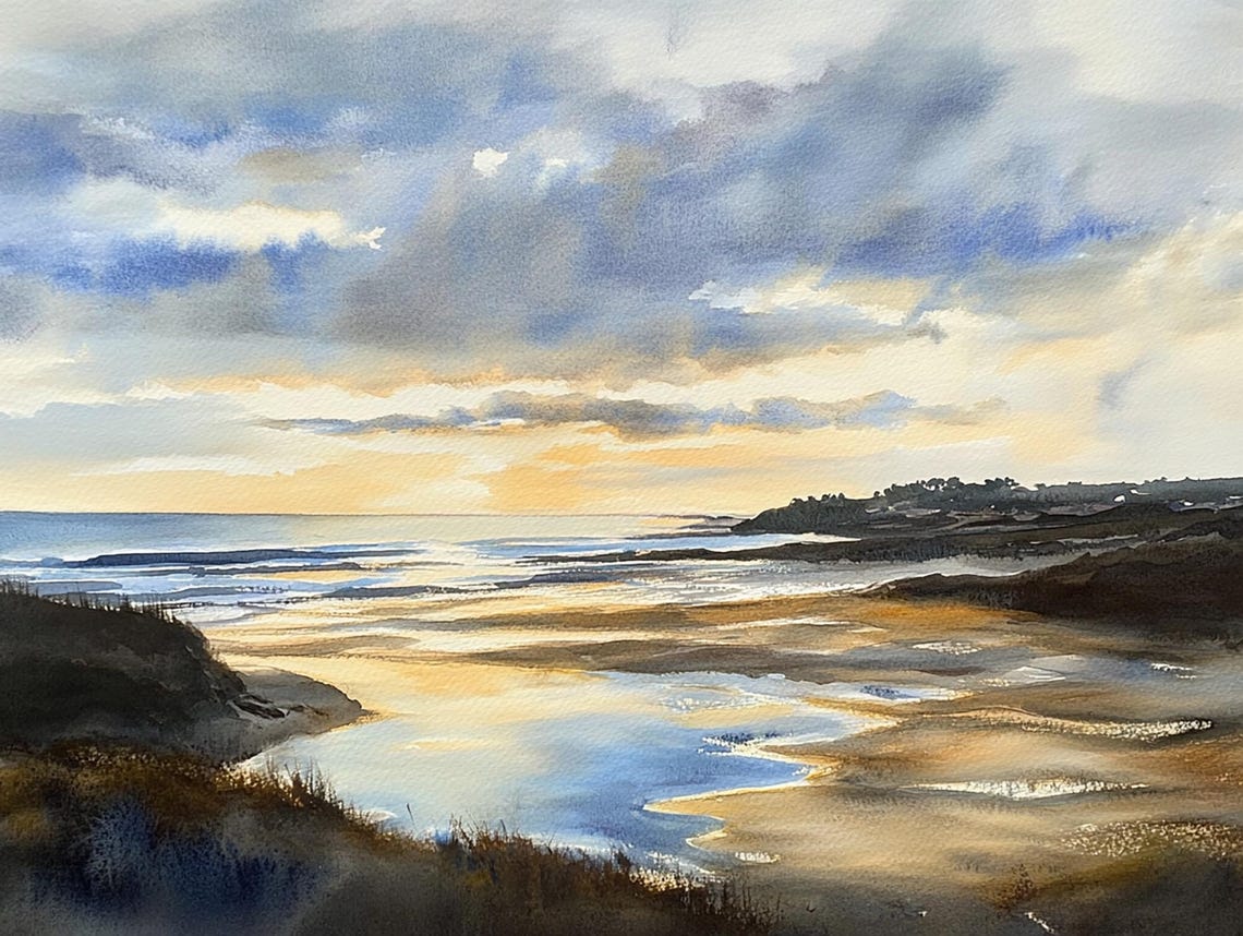Golden Sunset Over a Peaceful Coastal Estuary Watercolor Poster
