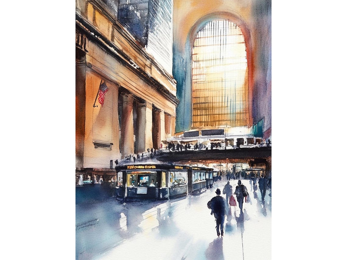 Grand Central Painting Nyc Watercolor Art Print New York Cityscape Wall Art Travel Poster Housewarming Gifts
