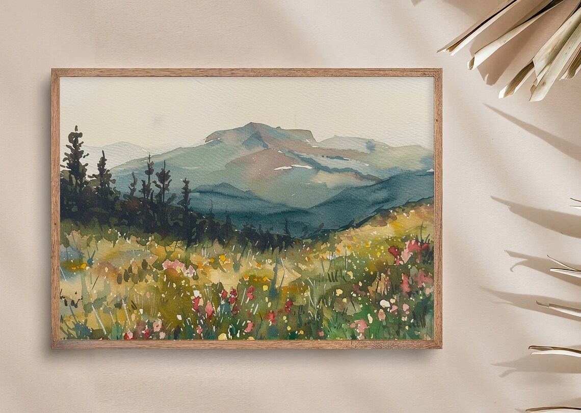 Alpine Wildflower Meadow with Layered Mountain Peaks Watercolor Poster - Image 4