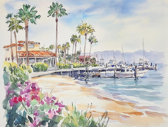 Lido Park Watercolor Print Newport Beach Painting Sailboat Wall Art California Print Palm Trees Art