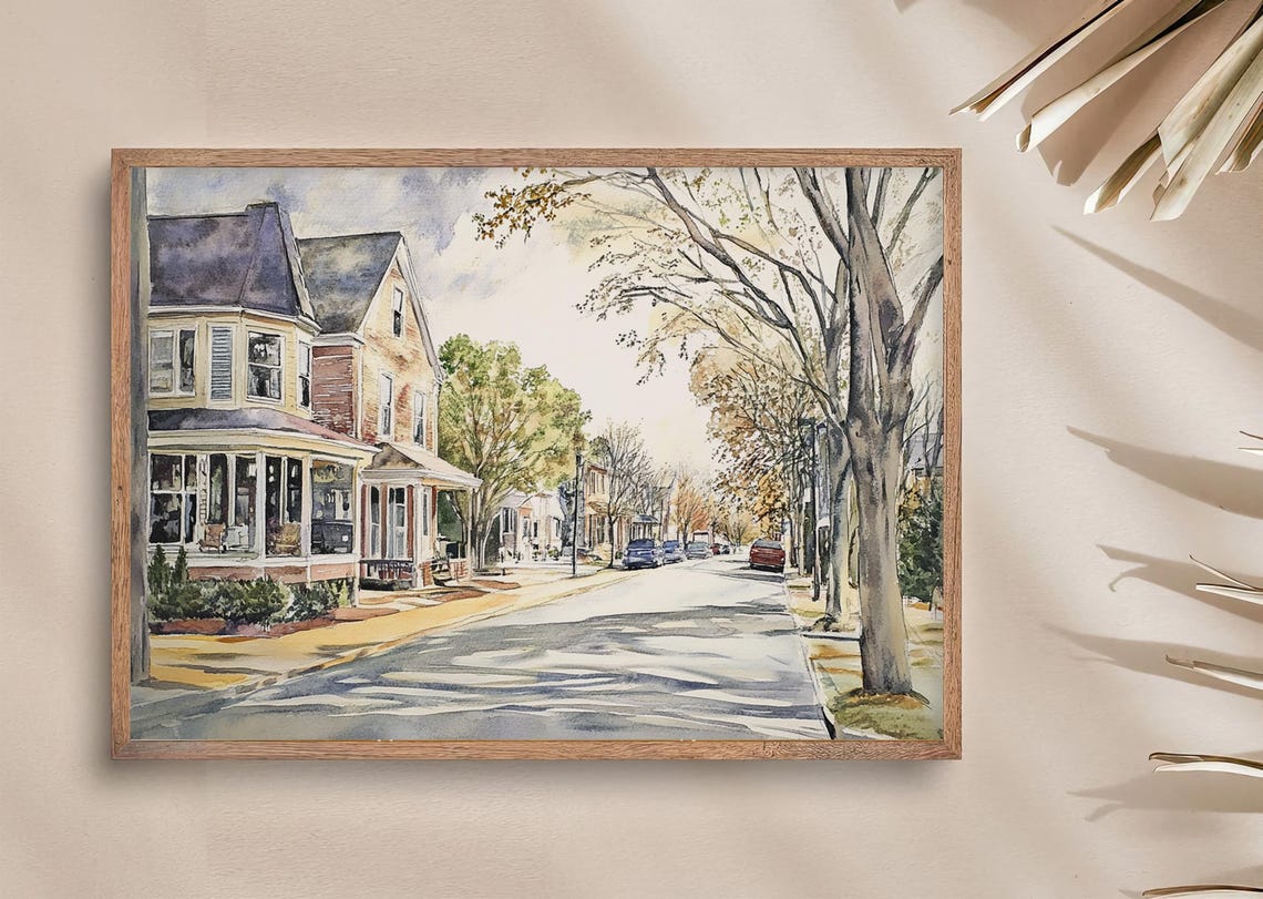 Quiet Victorian Street Lined with Autumn Trees Watercolor Poster - Image 4