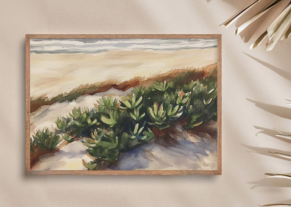 Beach Dune Grasses with Ocean Waves Beyond Watercolor Poster - Image 4