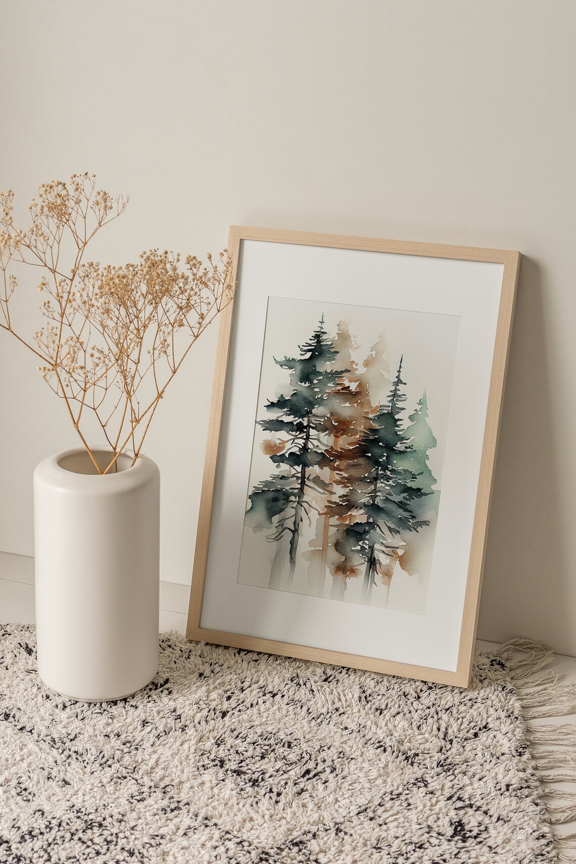 Pine Trees Watercolor Foggy Forest Landscape Art Print - Image 3