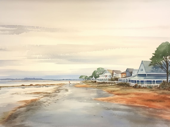 Tranquil Coastal Cottages Along a Calm Waterfront Inlet Poster