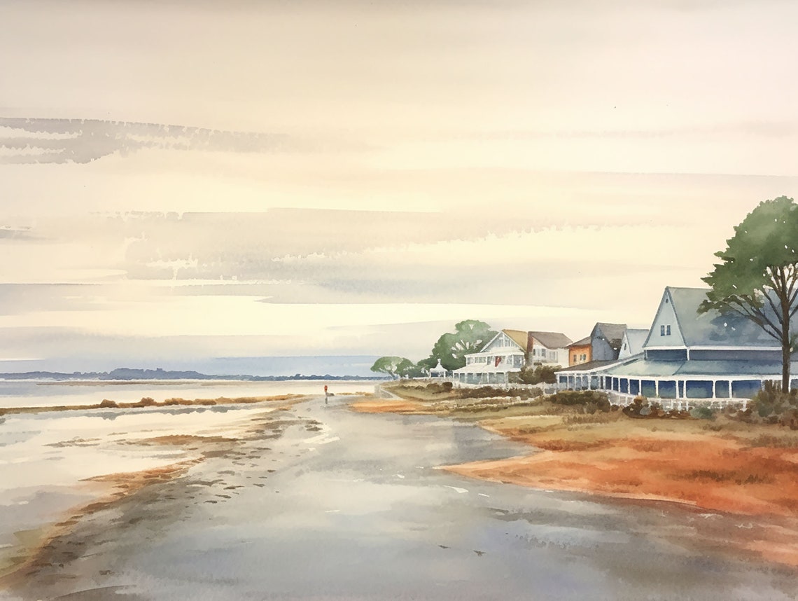Tranquil Coastal Cottages Along a Calm Waterfront Inlet Poster
