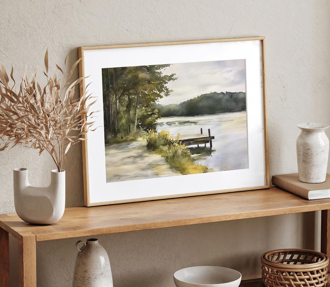 Still Forest Lake Wooden Dock Golden Morning Shore Watercolor Poster - Image 2