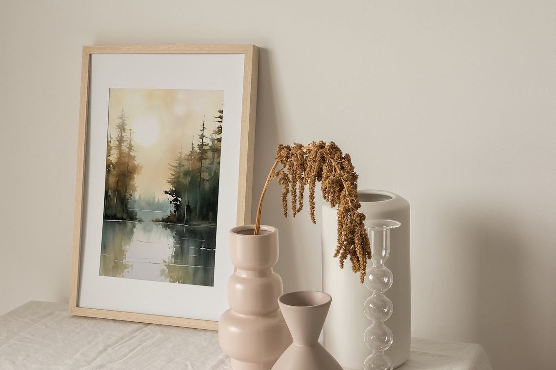 Sunrise Forest Lake Painting, Michigan Landscape Art Print - Image 3