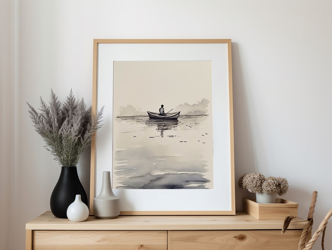 Lake Superior Fisherman Rowboat Ink Watercolor Minimalist Poster - Image 5