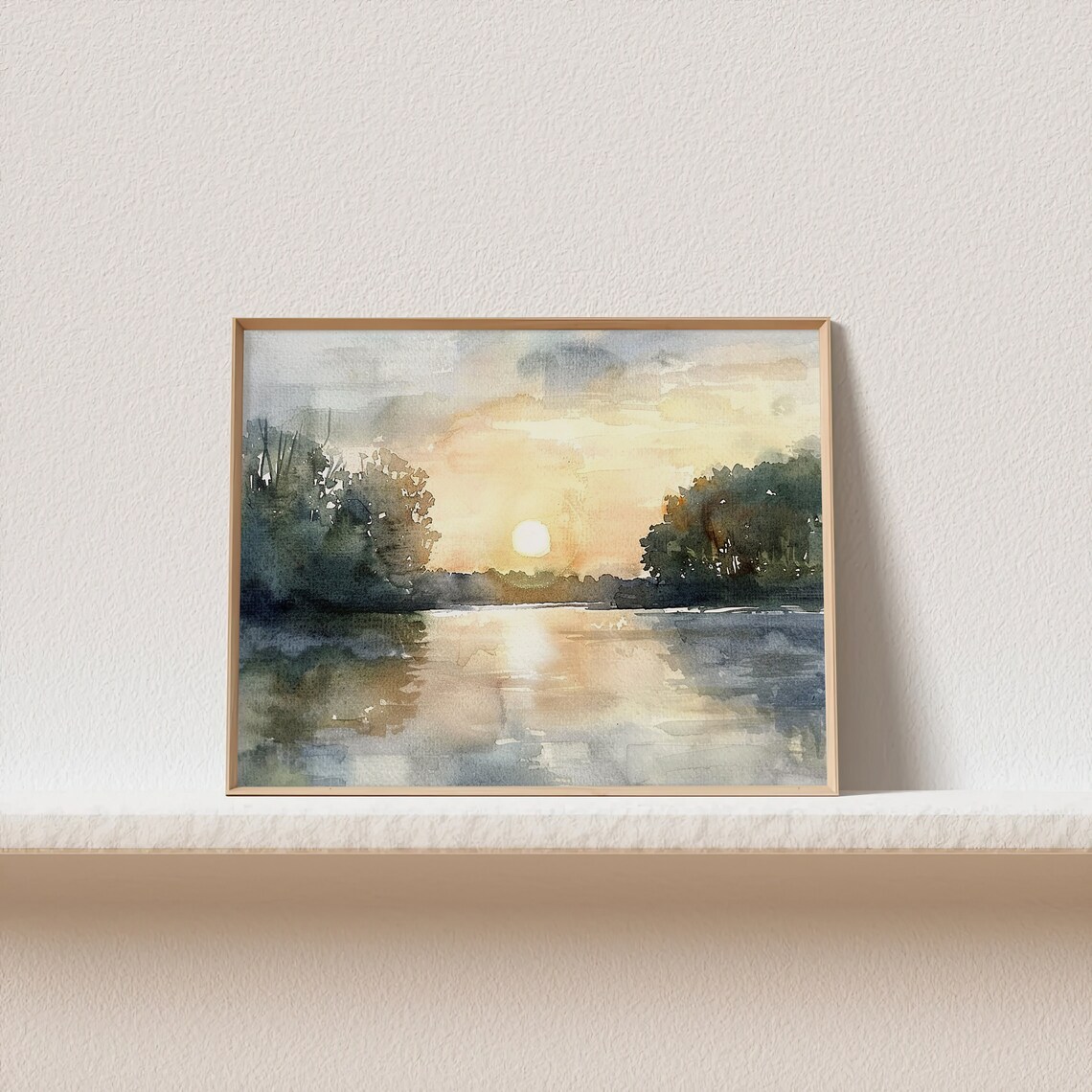 Michigan Sunrise Forest Lake, Watercolor Art Print - Image 2