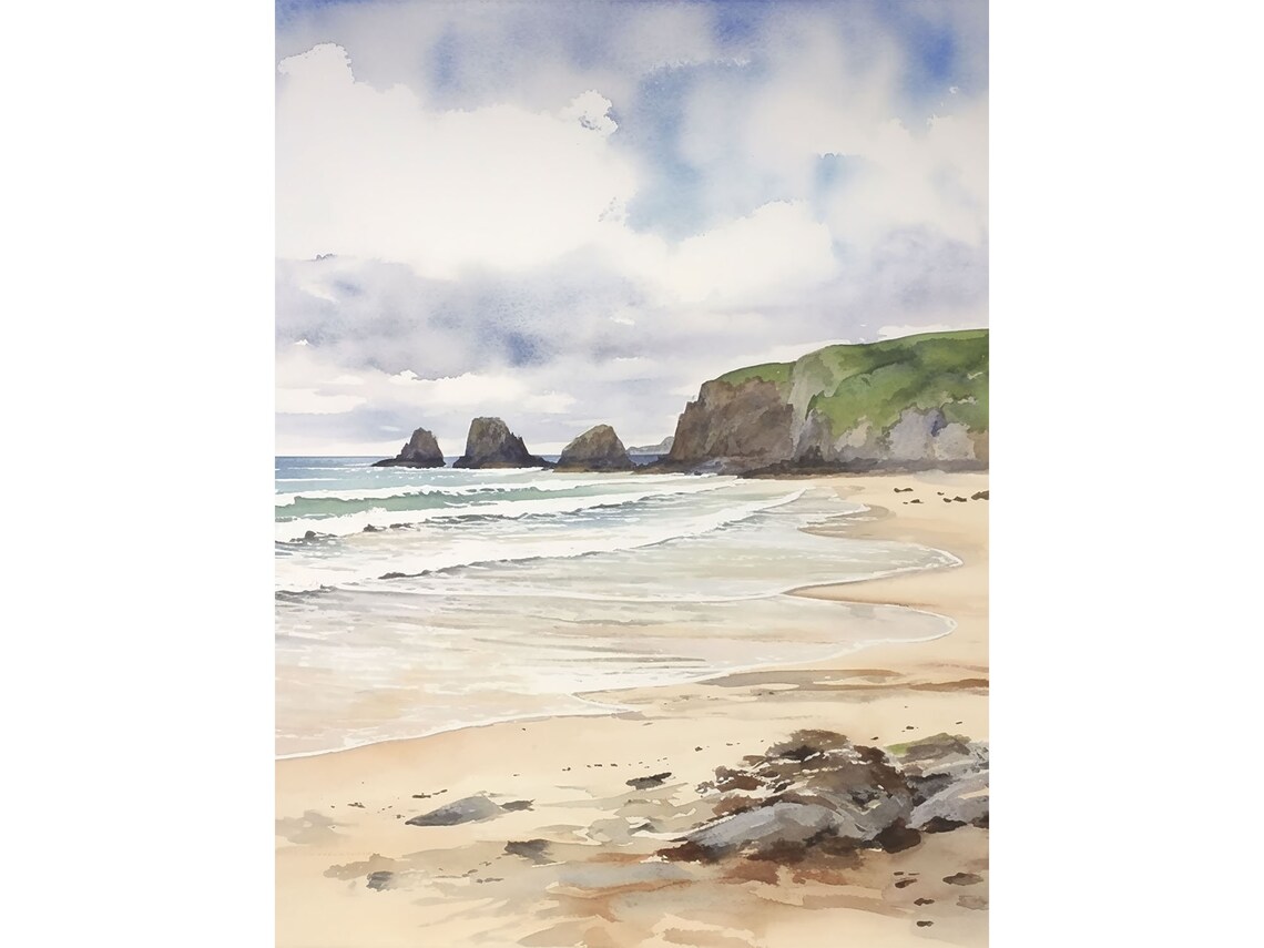 Holywell Bay Watercolor Art Print, Cornwall Beach