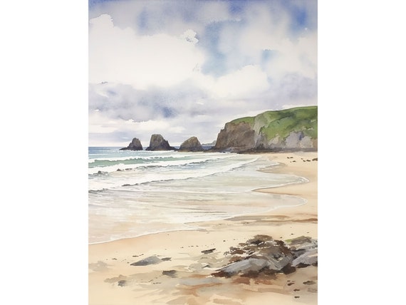 Holywell Bay Watercolor Art Print, Cornwall Beach