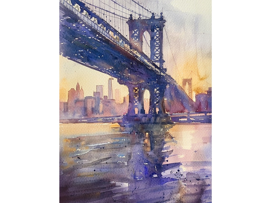 Manhattan Bridge Painting Nyc Watercolor Art Print New York Skyline Art Sunset Wall Art Ny Travel Poster Housewarming Gifts