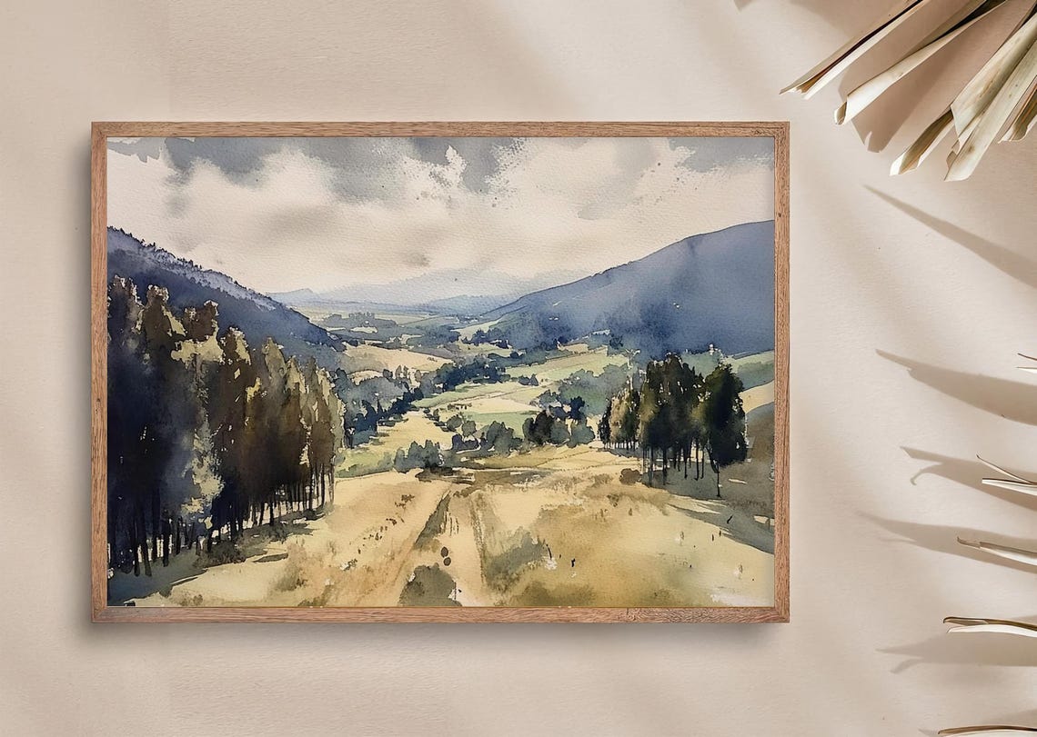 Green Valley Rolling Hills Cloudy Sky Watercolor Landscape Poster - Image 3