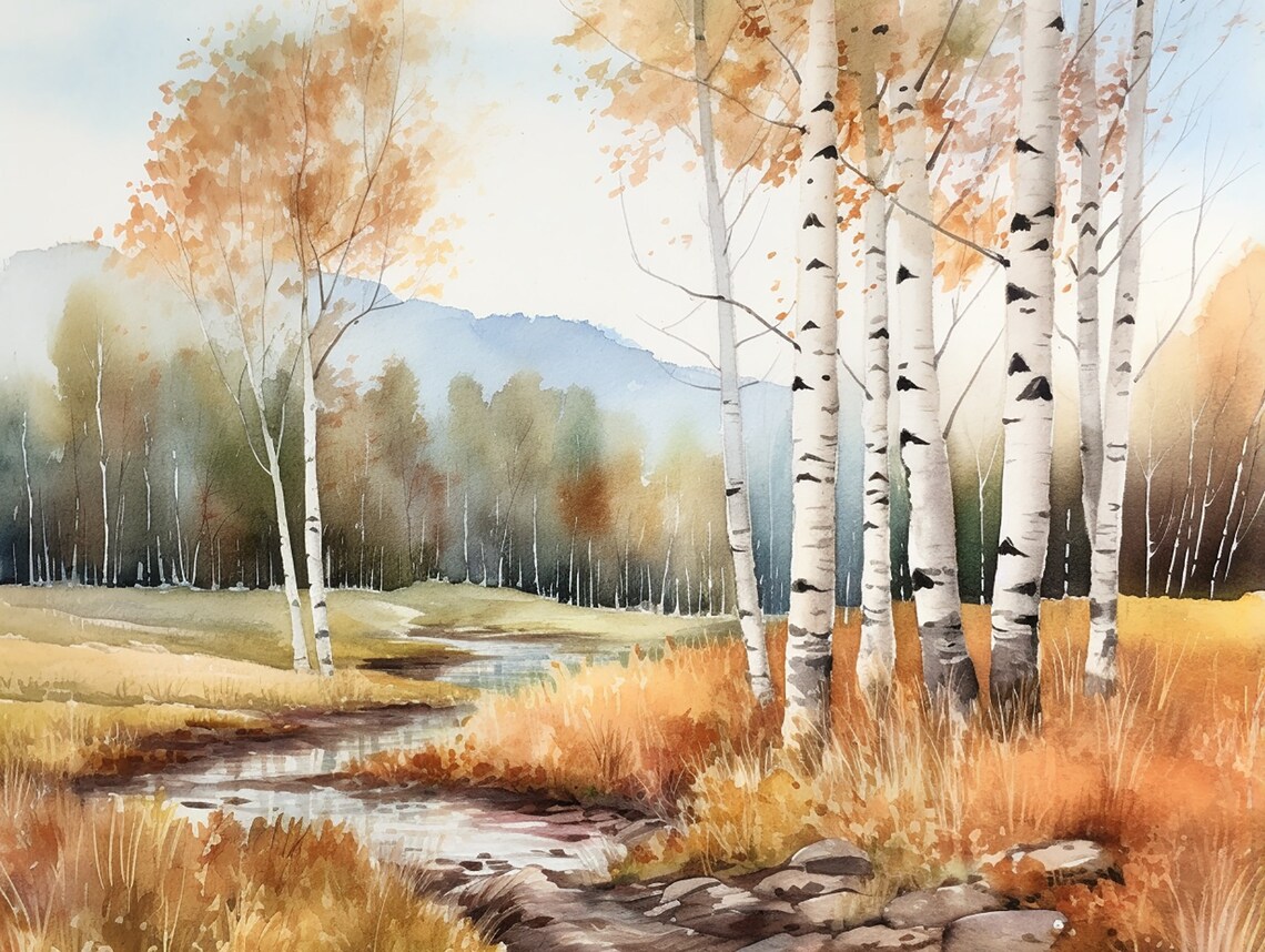 Birch Forest Watercolor Autumn Landscape Art Print