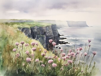 Cliffs Of Moher Watercolor Print, Irish Coastal Landscape