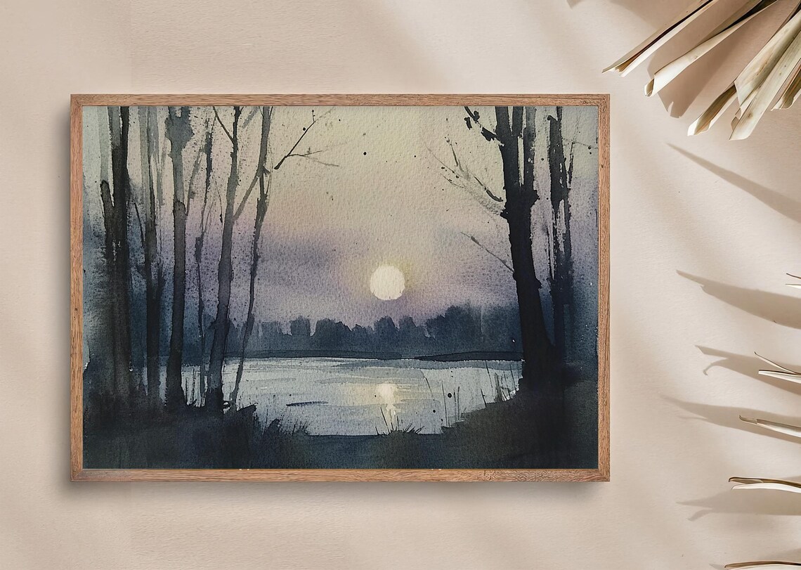 Moon Painting Night Landscape Watercolor Art Print - Image 3