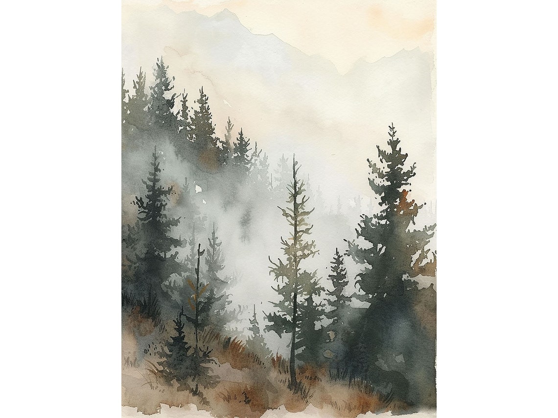 Misty Pine Forest with Foggy Peaks Watercolor Landscape Wall Art