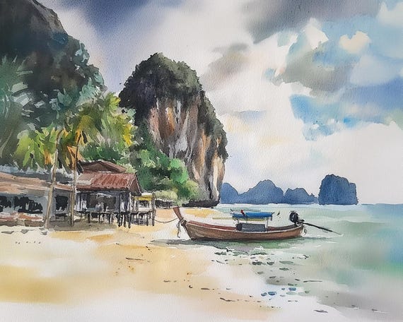 Phi Phi Island Watercolor Travel Poster, Tropical Beach