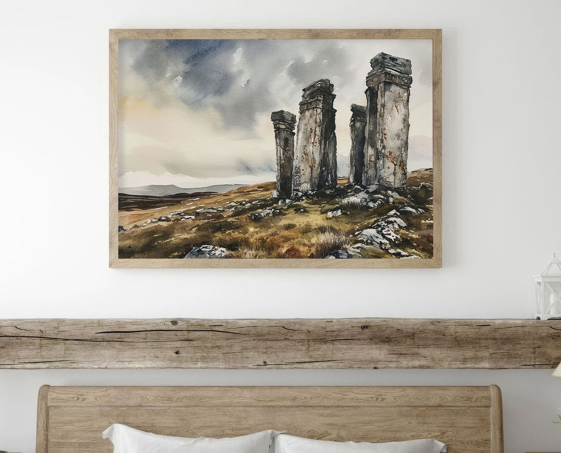Ancient Stone Pillars Moor Ruins Dramatic Sky Watercolor Poster - Image 2