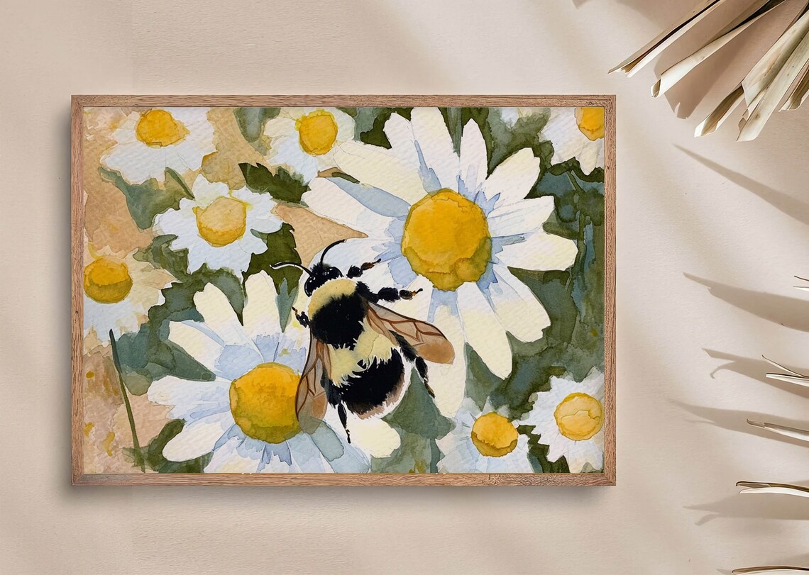 Bumble Bee Daisy Watercolor Art Print, Spring Floral - Image 4