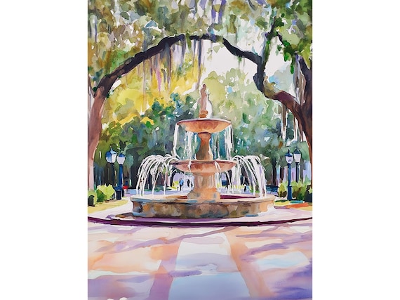 Forsyth Park Savannah Watercolor Travel Poster