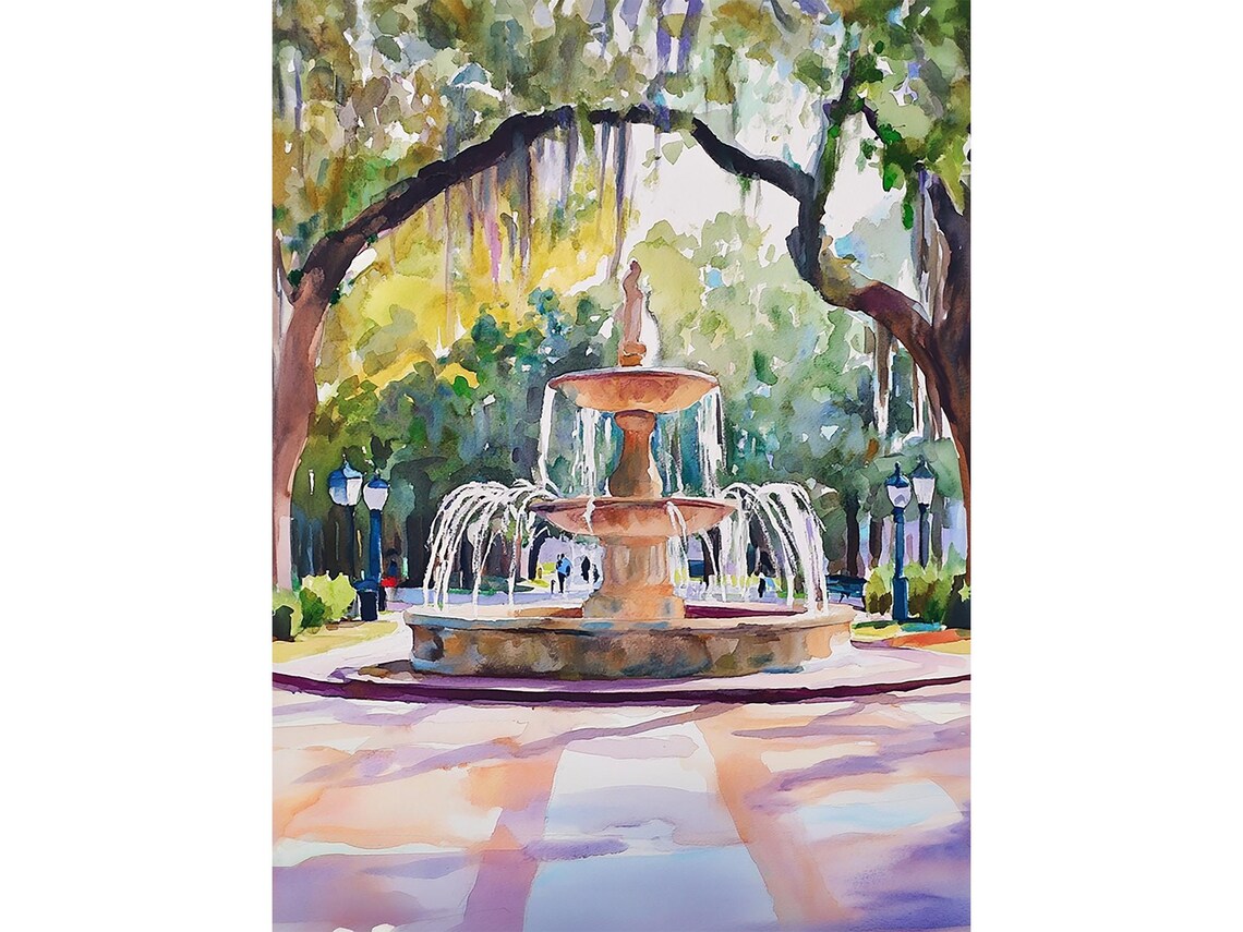 Forsyth Park Savannah Watercolor Travel Poster
