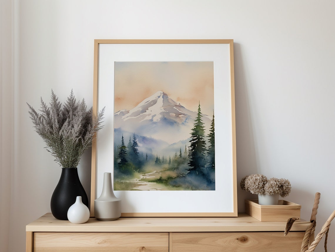 Mount Shasta California Snowy Peak Pine Forest Watercolor Poster - Image 3