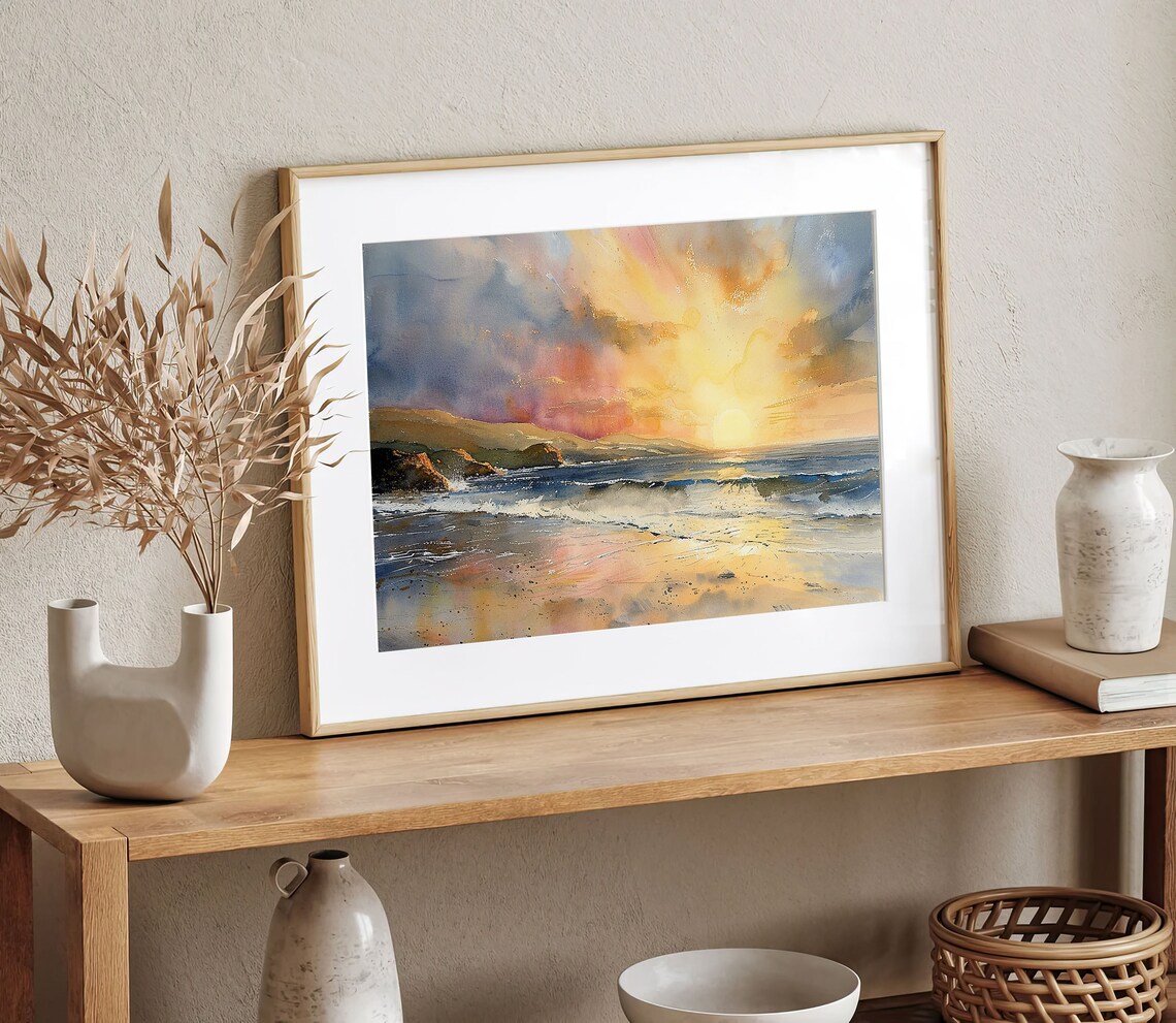 Sunset On Beach Watercolor Art Print, Seascape - Image 3
