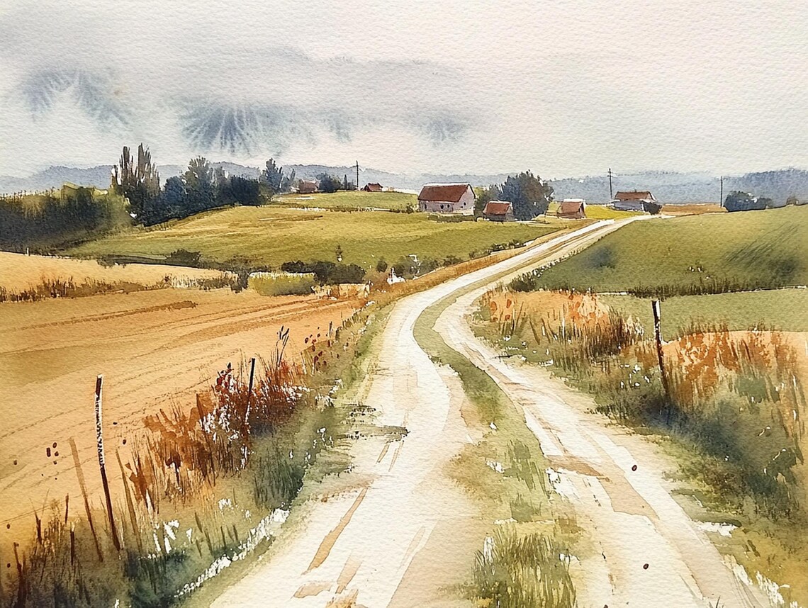 Country Dirt Road Winding to Farmhouses Watercolor Landscape Poster