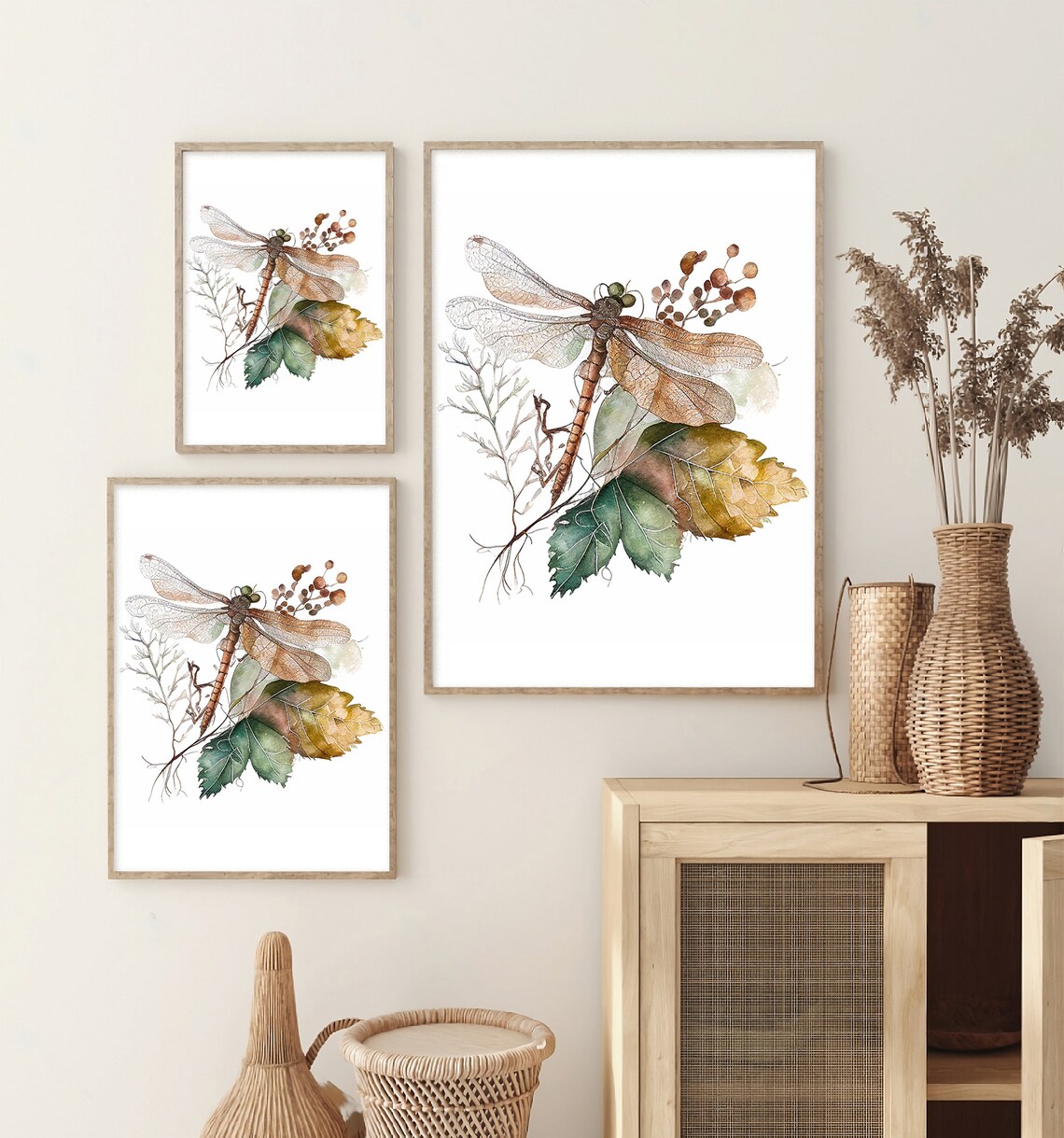 Dragonfly Watercolor Art Print, Botanical Fall Leaves - Image 3