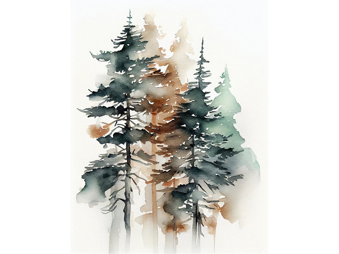 Pine Trees Watercolor Foggy Forest Landscape Art Print