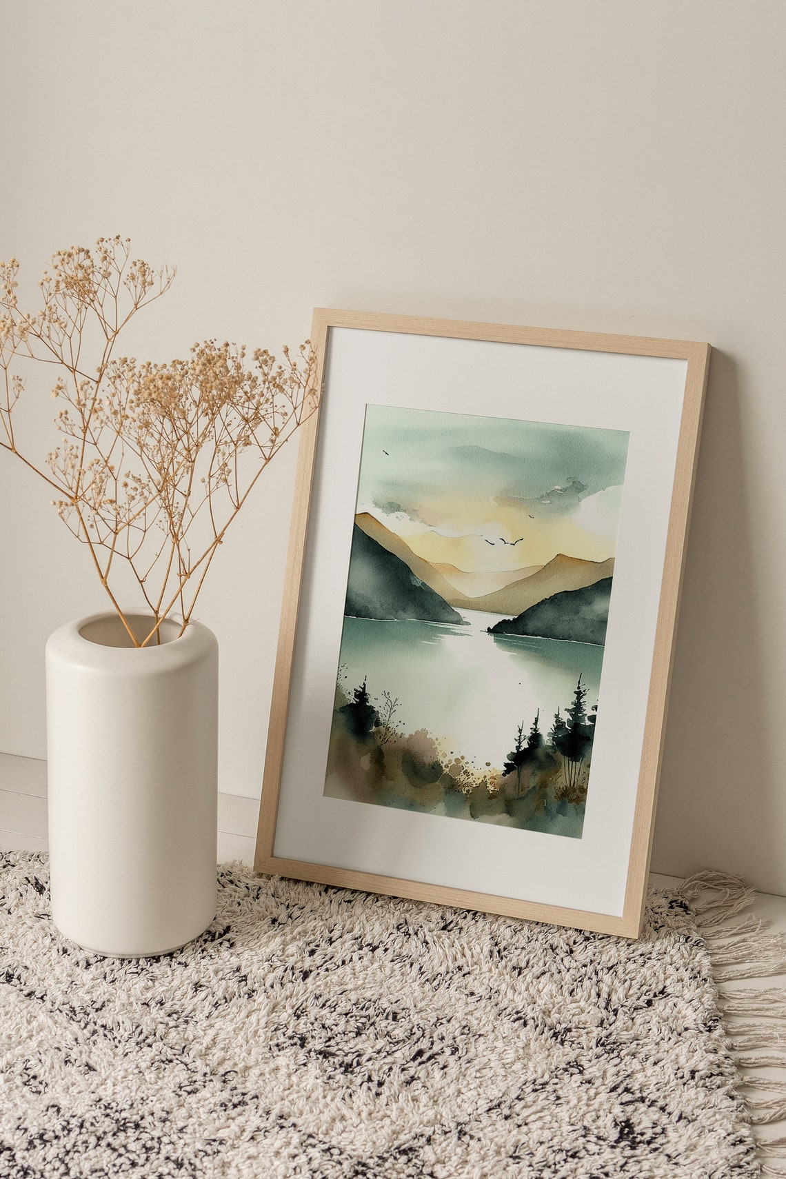 Peaceful Sunrise Over Mountain Lake Mist Watercolor Nature Poster - Image 2
