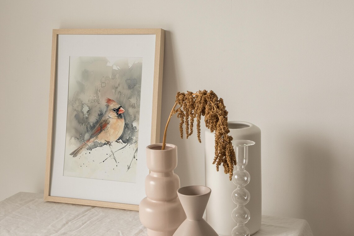 Female Cardinal Painting Watercolor Bird Art Print - Image 3