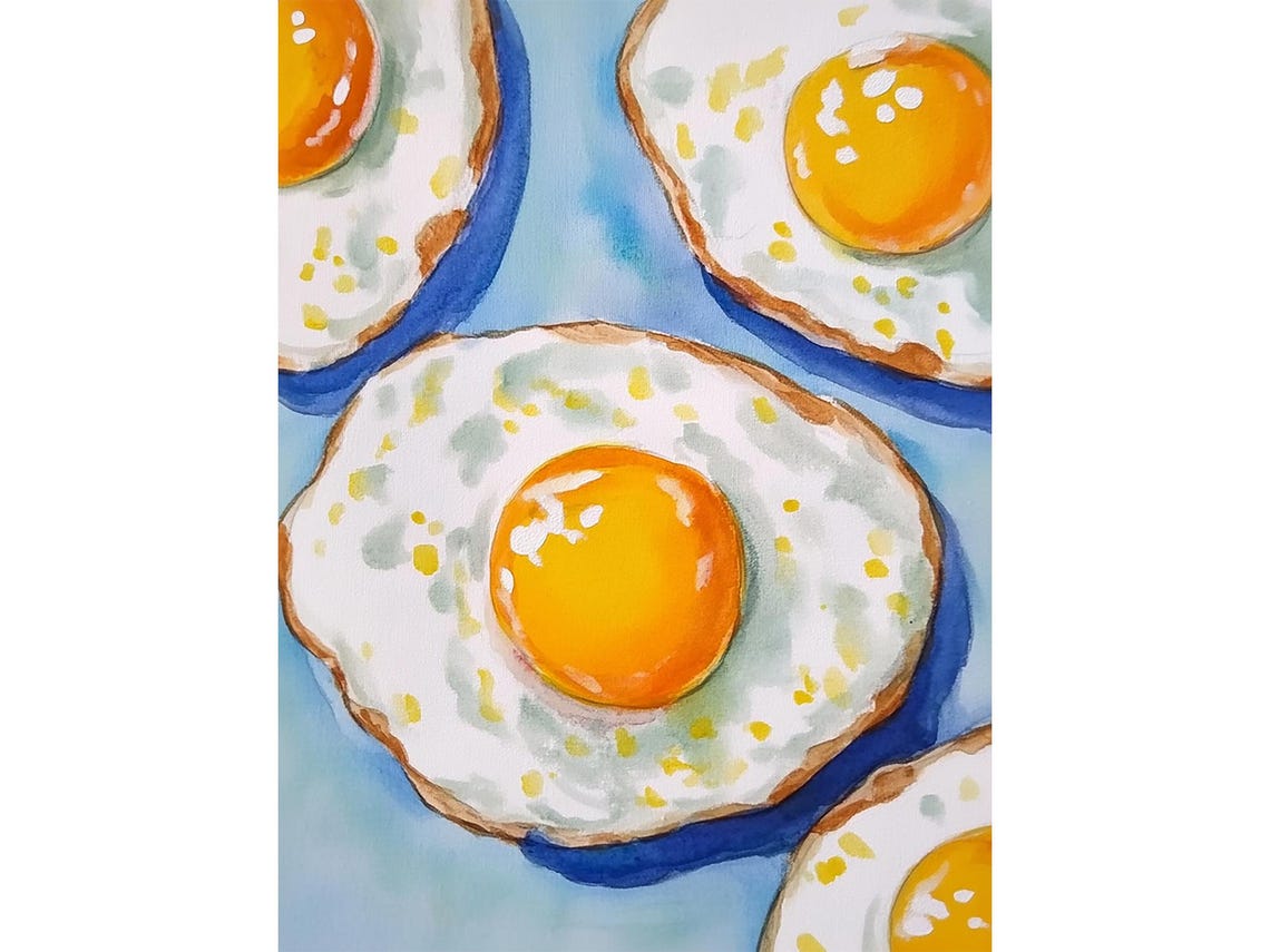 Sunny Side Up Fried Eggs on Blue Kitchen Watercolor Fun Food Poster