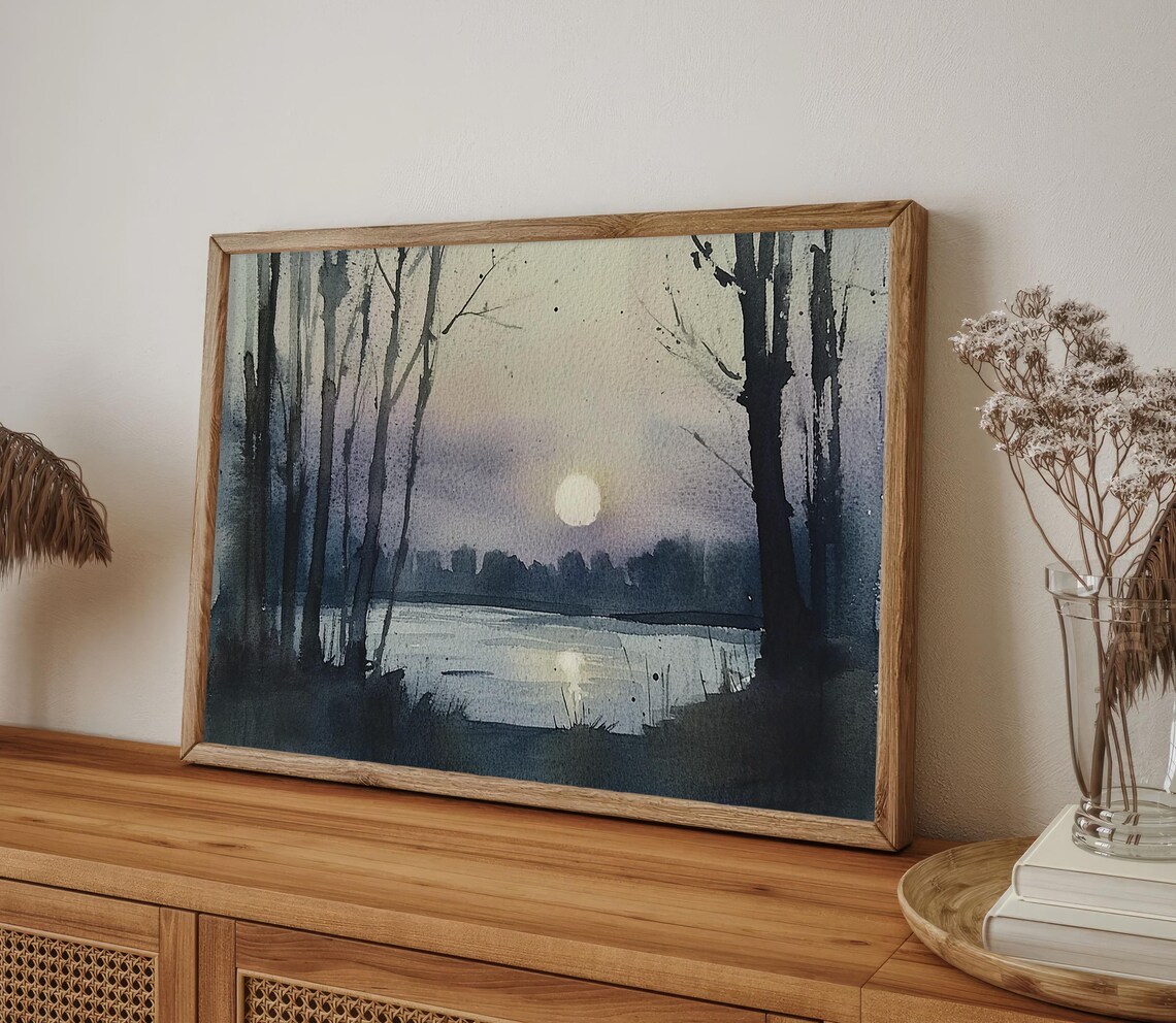 Moon Painting Night Landscape Watercolor Art Print - Image 4