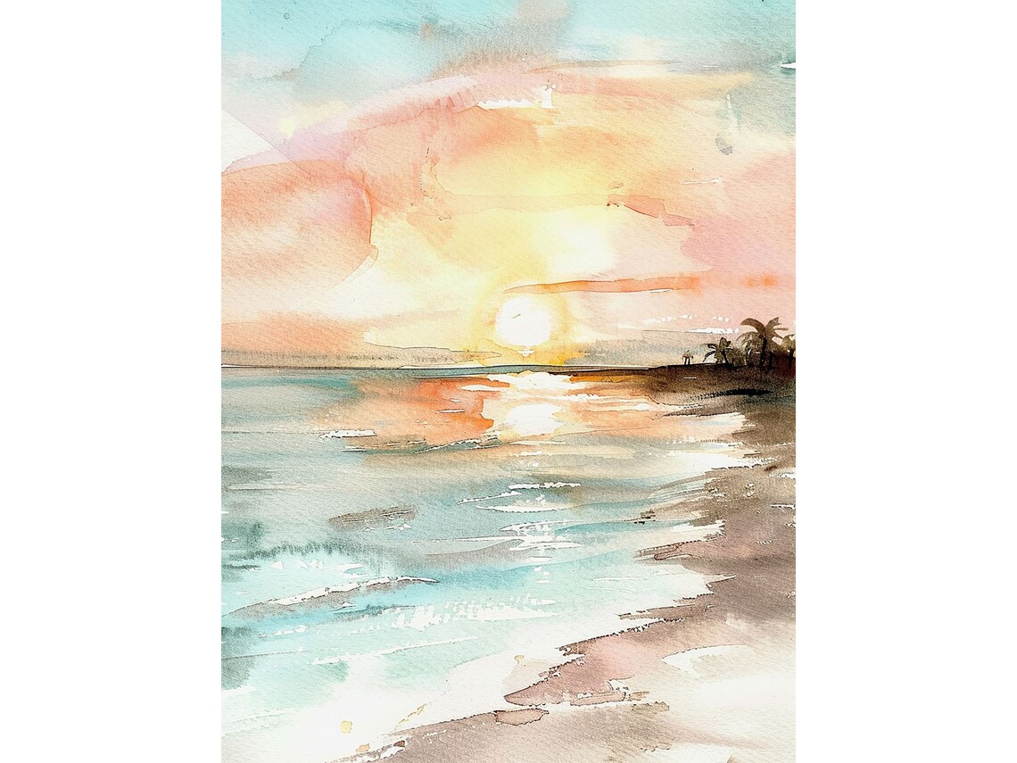 Beach Sunrise Watercolor Seascape Art Print