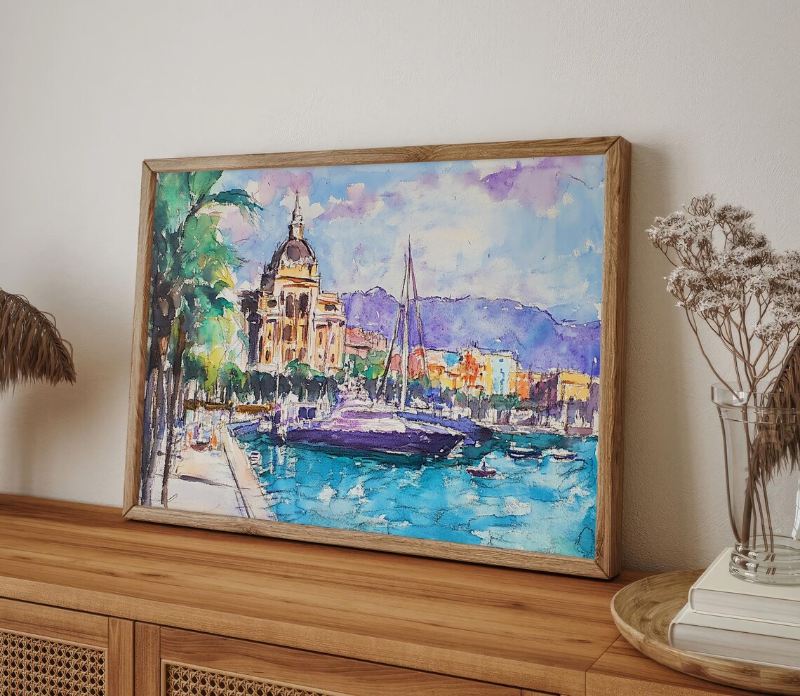 Barcelona Harbor Yacht Marina Watercolor Spain Travel Poster - Image 4