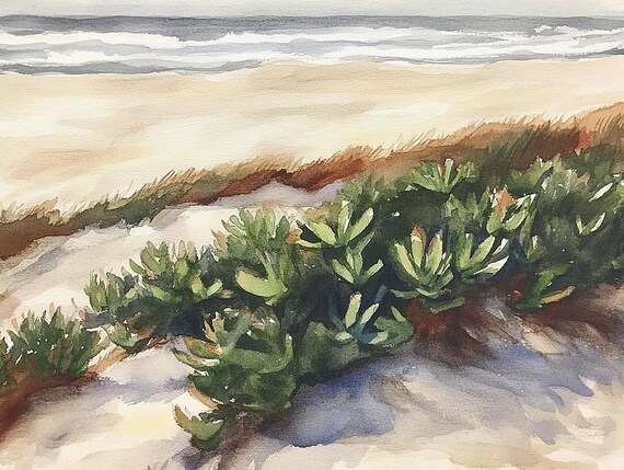 Beach Dune Grasses with Ocean Waves Beyond Watercolor Poster