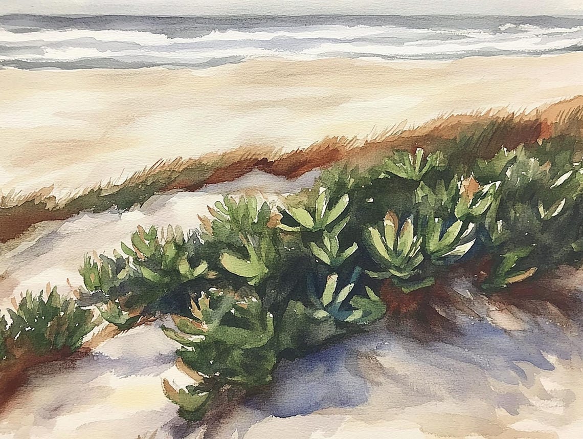 Beach Dune Grasses with Ocean Waves Beyond Watercolor Poster