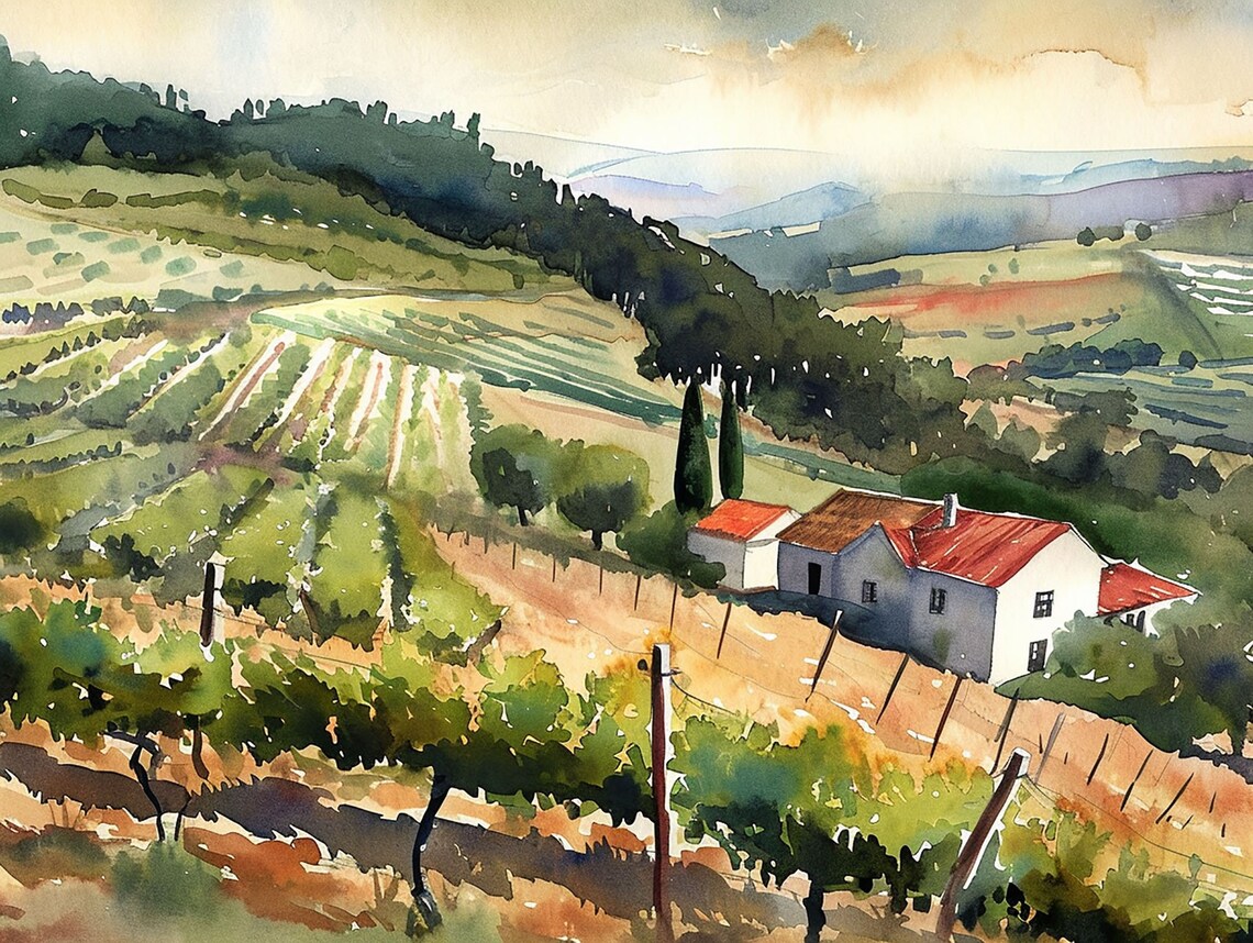 Port Wine Vineyard Watercolor Art Print, Portugal