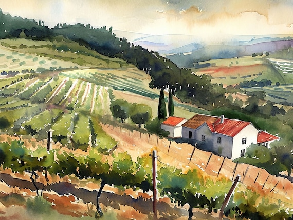 Port Wine Vineyard Watercolor Art Print, Portugal