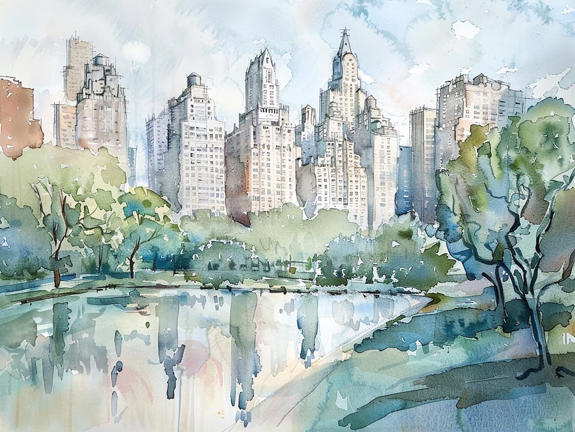 Central Park Watercolor Art Print, NYC Skyline