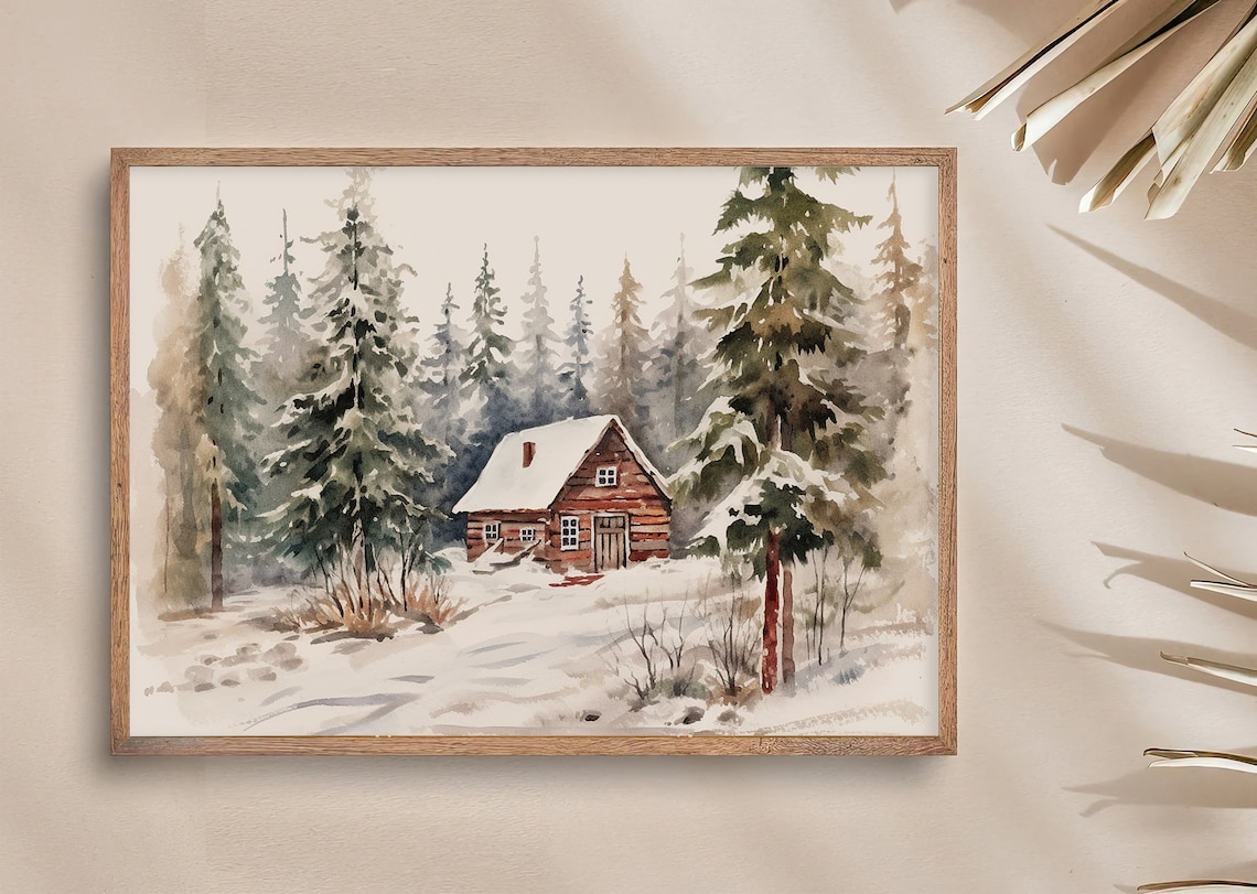 Winter Cabin Snow Scene Watercolor Art Print - Image 4