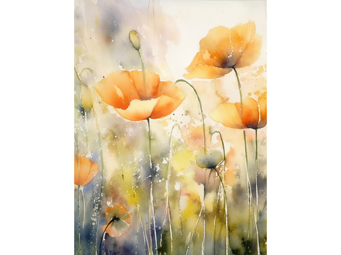 Orange Poppies Watercolor Art Print, Neutral Floral