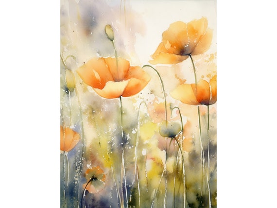 Orange Poppies Watercolor Art Print, Neutral Floral